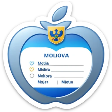 rounded business ID card with blue-silver gradient background, placeholder lines for text, generic photo silhouette on left, Moldova-inspired heraldic icon in top-left corner, soft gloss and subtle shadow, Apple emoji style sticker