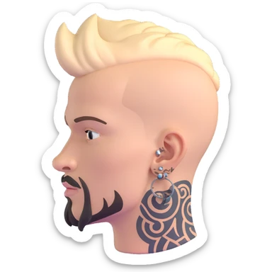 head of a white man with a goatee, mohawk, earring, and head tattoo sticker