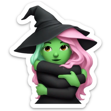 Witch dressed in black with green skin hugging pink dressed white witch sticker