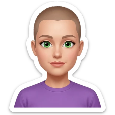 White skin ,  female, light brown buzzcut, purple shirt, green eyes sticker