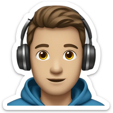 male, brown hair, brown eyes, headphones, blue hoodie sticker