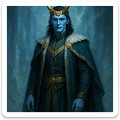 Loki, king of Asgard, with icy blue eyes, frost giant features, elegant royal robes, mystical background sticker