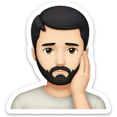 Facepalm, trimmed beard, medium-length black hair, short sides, hair forward. sticker