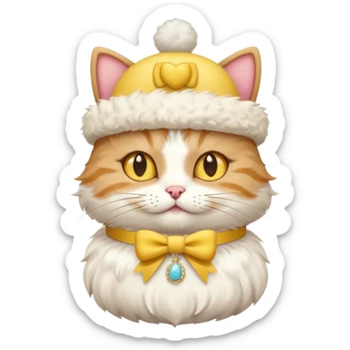 cat wearing a creamy cake hat with fun necklace around his neck and a yellow bow in the middle sticker