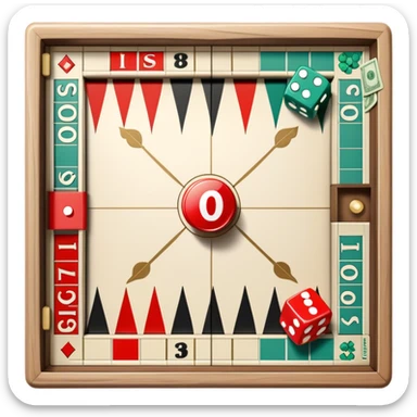A photorealistic icon featuring a backgammon board with dice, a Monopoly board with money and property cards and a Game of Life spinner. The design captures the detailed textures of the boards, pieces, and accessories. Transparent background. sticker
