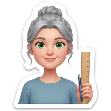 MUJER JOVEN, PELO GRIS, MOÑO INFORMAL DESPEINADO, OJOS VERDES  Y CARA OVALADA CON UTENSILIOS DE MAESTRA sticker