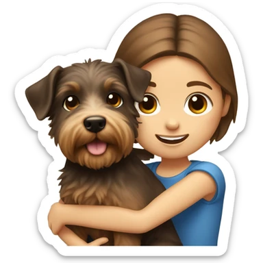 Yorkshite terrier being held by a girl with brown hair, brown eyes and fair skin. sticker