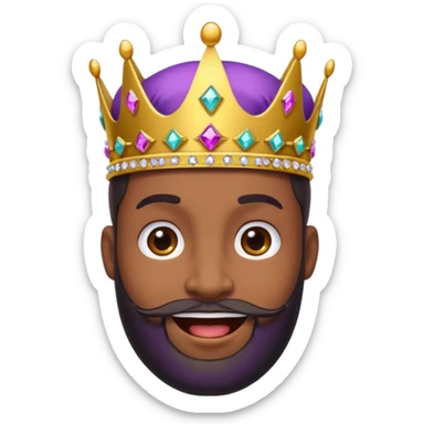 Create a cartoon-style emoji of Baltasar, one of the Three Wise Men. Only show his face and crown. He has a joyful expression, black beard, and a purple and gold crown with jewels. Make it colorful, simple, and suitable as an emoji. sticker