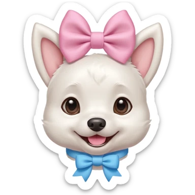 a cute white dog wearing a pink blue pastel bow on his head while he smiles excitedly sticker