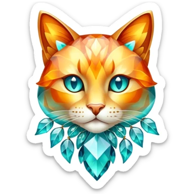 A feline creature with a crystalline body featuring autumn-colored gemstone segments, adorned with translucent leaf-like patterns that shimmer between turquoise and fiery amber when it moves through sunlight. sticker