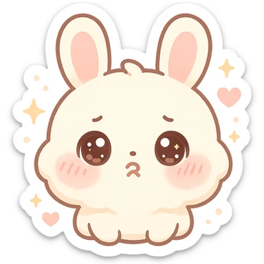 kawaii chibi-style bunny emoji with a round fluffy face, sparkly eyes, blushing cheeks, pastel color palette, pouty mood, soft rounded design, anime-style, sparkles and hearts, vector art sticker
