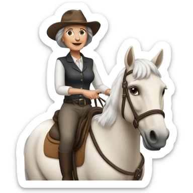 68 year old, brunette woman, attractive, riding a horse ￼ sticker