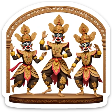 ​Cinematic Realistic Wayang Golek Ayun-ayun Dancers, depicted as intricately carved traditional wooden puppets in dynamic dance poses, adorned with vibrant painted details and expressive features, set against a softly lit stage that evokes centuries of Indonesian cultural heritage, rendered with lifelike textures and dramatic atmospheric lighting, sticker