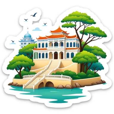 Xiamen Gulangyu Island with shady trees and colonial buildings, simplified emoji style with bold outlines and bright colors, cartoon style island with piano shape sticker