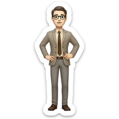 Full height Gesticulating Pale skinned fit man with dark brown hair in gray jacket, beige office shirt, brown tie, brown pants and vintage glasses. sticker
