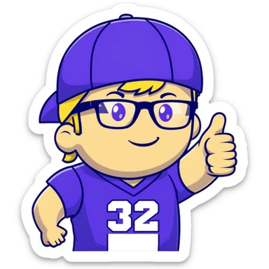 Man with black and white cap, purple sports jersey with number 32, clear glasses, light blond mullet hairstyle, thumbs up gesture, relaxed expression sticker