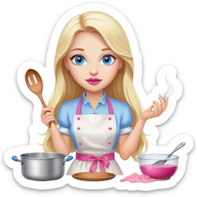 Cinematic realistic beautiful blonde with long hair, blue eyes and pink lips in a white dress cooks sticker