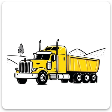 yellow sleeper semi truck with a large end dump trailer in a country landscape, hand drawn notion style doodle sticker
