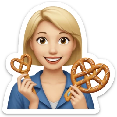 Short, Straight, Dirty blond hair, fair skin, woman holding pretzels and winking sticker