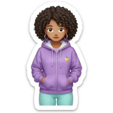 Black girl, clean girl aesthetic, 4C curly hair in a puff, pastel hoodie, white sneakers, minimal jewelry, soft smile, cozy vibe, bright colors, Apple-style dormindo  sticker