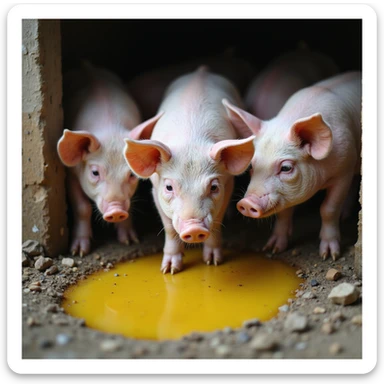 group of pigs in a pigsty, one drinking from a yellow puddle, realistic atmosphere, farming details, 4K quality sticker