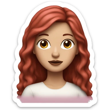 Woman with a white skin that has Long Dark red hair and brown eyes with an eyeliner and lashes coding on a pink macbook sticker