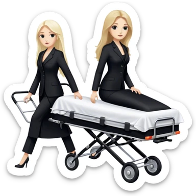 Two woman with long hair. One is brunette and one is blond. They have black pants suits on. And they are pushing a funeral stretcher in to a black Mercedes Vito funeral car. On the stretcher is a body covered in white sheets  sticker