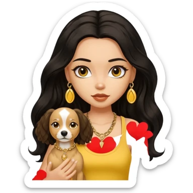 brown pretty bratz girl with long wavy black hair, wearing a yellow tank top with a dog sticker