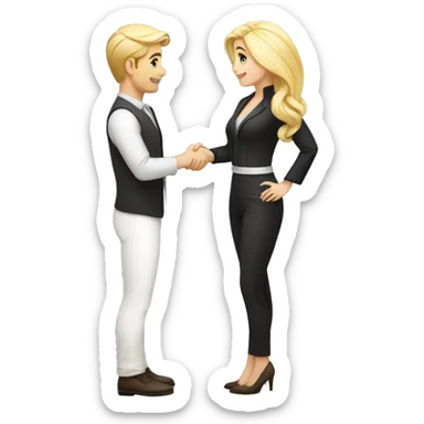 adult restaurant owner with white skin and blogger with white skin and blonde hair shaking hands in great detail and full height sticker