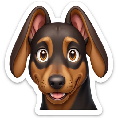 cinematic-comical-doberman-portrait-emoji,-head-tilted-dramatically-with-an-exaggeratedly-amused-expression,-featuring-a-vibrant-black and tan-fur-with-a-lively-sheen,-wide,-expressive-brown-eyes-filled-with-playful-disbelief, ears drooping down sticker