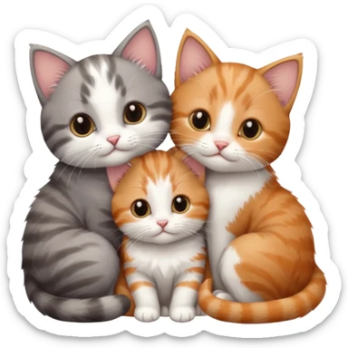 3 tiny kittens cuddling together all different colours, the first one is grey and white, the second is ginger and white and the third is brown tabby and white sticker