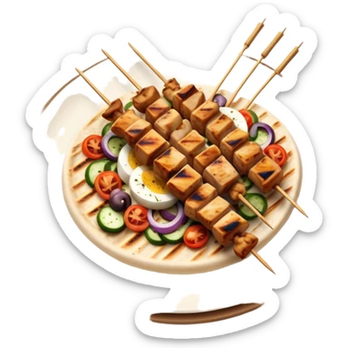 cinematic-realistic-souvlaki-dish-emoji,-showcasing-skewered,-grilled-chicken-with-mediterranean-spices-rendered-with-dynamic-textures-and-warm,-appetizing-lighting on pita bread on a plate sticker