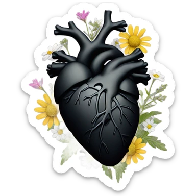 black anatomical heart with wildflowers sticker