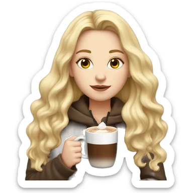 white girl with blonde long hair and a hot chocolate sticker