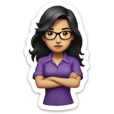 Angry scowling girl, purple shirt, long black hair, wearing glasses, with arms crossed over chest. sticker