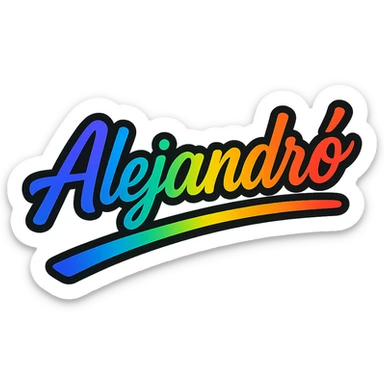 The name 'Alejandró' in a modern font with smooth gradient coloring, precise Hungarian characters, dark outline, extra thick and prominent white letter border, dynamic slanted underline, rainbow gradient color scheme, 1000x1000 px, PNG, transparent background. sticker