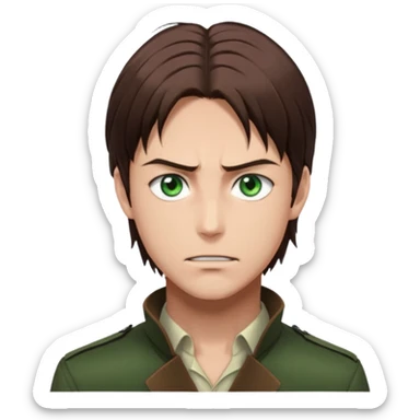 “Make him look like Eren Yeager S3 — long brown hair tied back, strong jawline, sharp green eyes, that cold, intense Eren vibe.” sticker