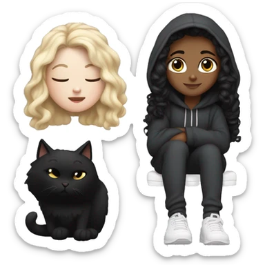 White girl with long curly black hair in a hoodie and sweatpants sitting next to a black cat  sticker