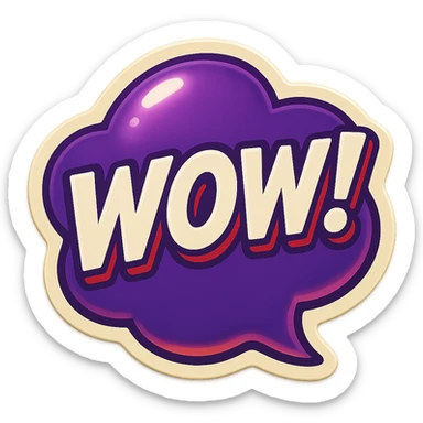 Purple bubble with white text saying "WOW!" sticker
