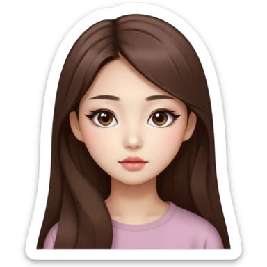 “korean straight long brown hair Emoji girl, soft eyeliner and blush, gradient lips, light brown shimmer eyeshadow sticker