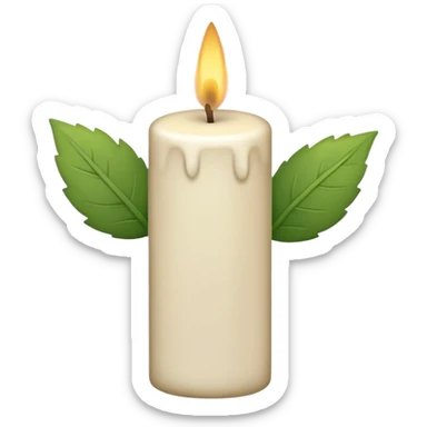 Minimal emoji-style illustration of a candle with a tiny green leaf accent, earthy neutral colors, soft rounded shapes, clean aesthetic look. sticker