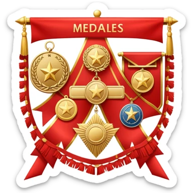 Icon for Collecting Orders, Medals & Badges: a variety of medals, orders and badges displayed on a large red pennant with fringed edges. The icon should convey the prestige and historical value of these collectibles. Transparent background. sticker