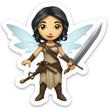 Female middle eastern fairy, wings, pointed elf ears, dark hair, vines, holding medieval sword sticker