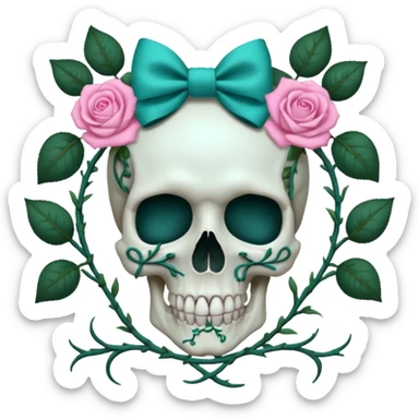 Skull with Pink bow with vines and teal roses sticker