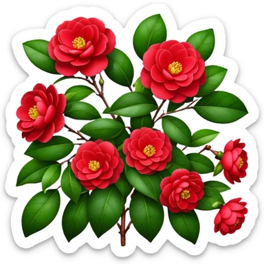 big bouquet Red Camellia, luxuriant, stem, leaf sticker