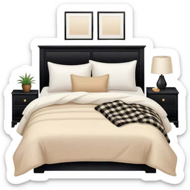 Black bed with pillows and blankets, cozy vibe white and beige sticker