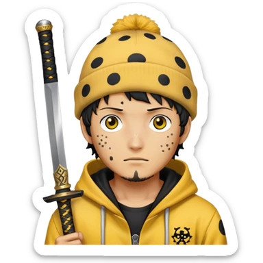 Trafalgar Law with spotted hat, yellow hoodie, nodachi sword sticker