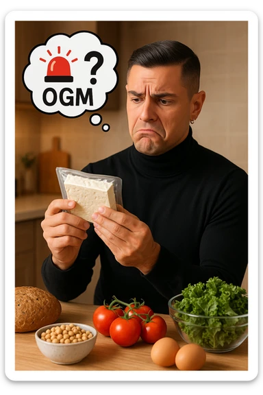 un uomo in cucina tiene in mano una confezione di soia o tofu, osservandola con un’espressione scettica e preoccupata. Sopra la confezione, una nuvoletta di pensiero mostra la scritta “OGM” evidenziata in rosso, accompagnata da un simbolo di allarme o un punto interrogativo. Sullo sfondo, altri alimenti naturali sono visibili sul tavolo, sottolineando la sua preferenza per prodotti non OGM. sticker