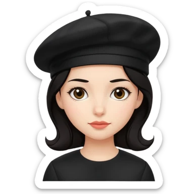girl with dark hair and a black beret hat, simple and expressive sticker