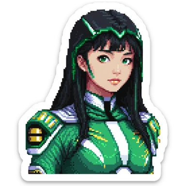 wasian girl in a green Power Ranger suit, black straight hair, black eyes sticker